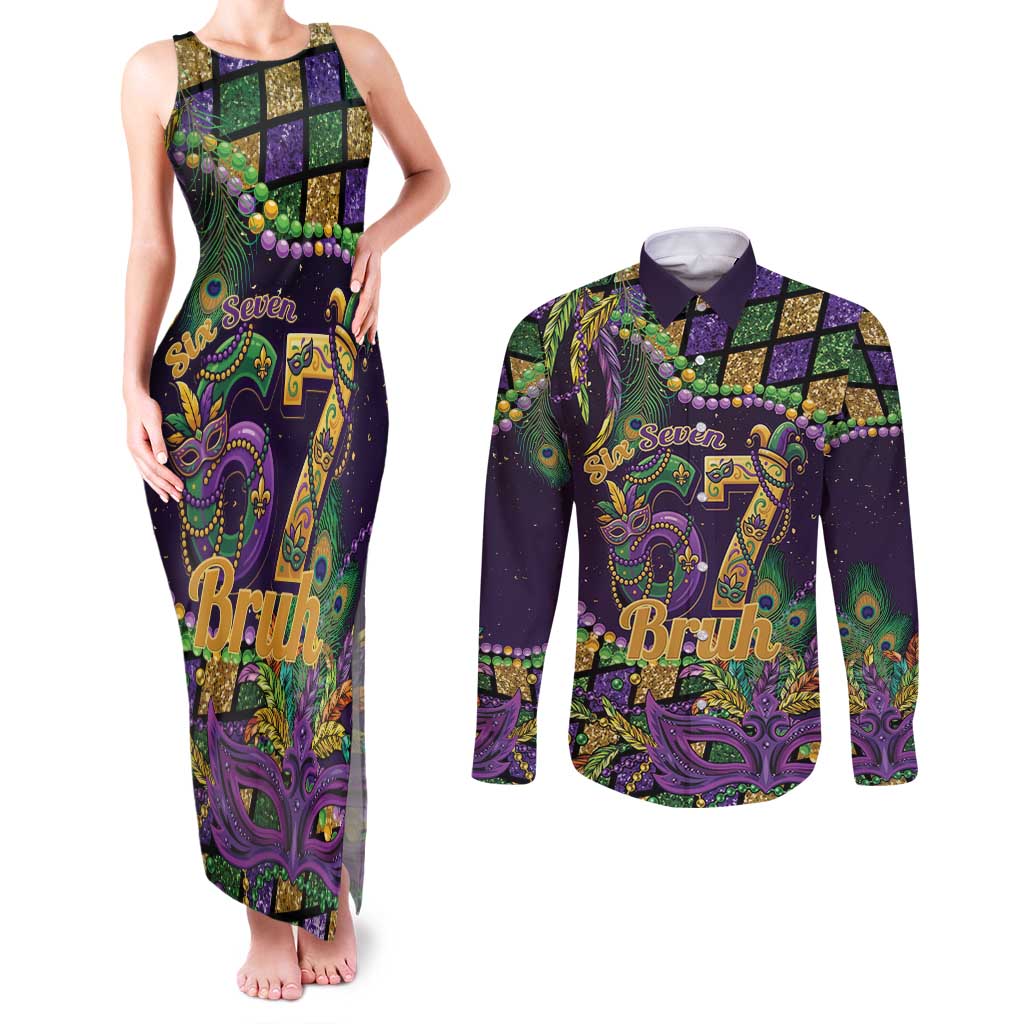 Six Seven Mardi Gras Couples Matching Tank Maxi Dress and Long Sleeve Button Shirt 67 Carnival Mask Beads - Wonder Print Shop