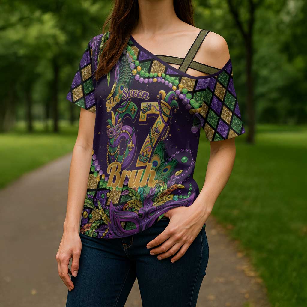 Six Seven Mardi Gras Cross Shoulder Shirt 67 Carnival Mask Beads - Wonder Print Shop