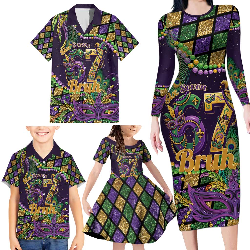 Six Seven Mardi Gras Family Matching Long Sleeve Bodycon Dress and Hawaiian Shirt 67 Carnival Mask Beads - Wonder Print Shop