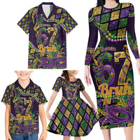 Six Seven Mardi Gras Family Matching Long Sleeve Bodycon Dress and Hawaiian Shirt 67 Carnival Mask Beads - Wonder Print Shop