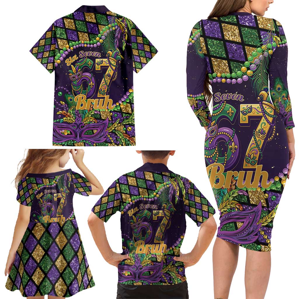 Six Seven Mardi Gras Family Matching Long Sleeve Bodycon Dress and Hawaiian Shirt 67 Carnival Mask Beads - Wonder Print Shop