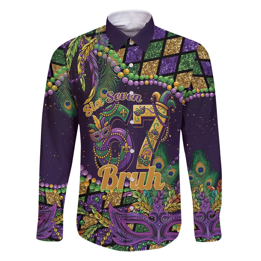 Six Seven Mardi Gras Family Matching Long Sleeve Bodycon Dress and Hawaiian Shirt 67 Carnival Mask Beads - Wonder Print Shop