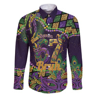 Six Seven Mardi Gras Family Matching Long Sleeve Bodycon Dress and Hawaiian Shirt 67 Carnival Mask Beads - Wonder Print Shop