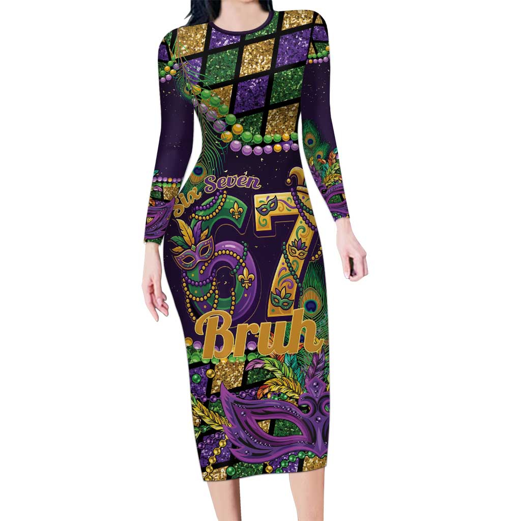 Six Seven Mardi Gras Family Matching Long Sleeve Bodycon Dress and Hawaiian Shirt 67 Carnival Mask Beads - Wonder Print Shop