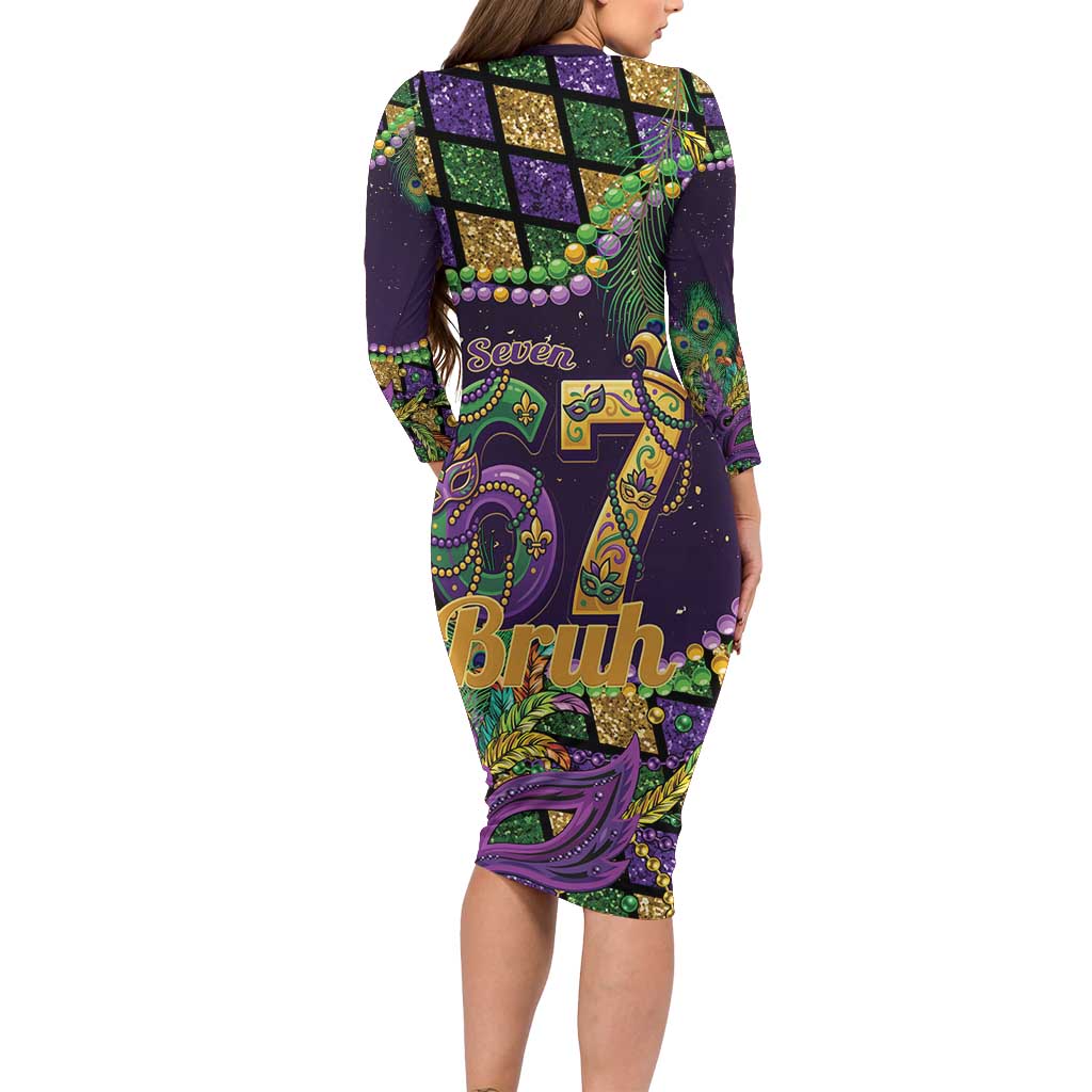 Six Seven Mardi Gras Family Matching Long Sleeve Bodycon Dress and Hawaiian Shirt 67 Carnival Mask Beads - Wonder Print Shop
