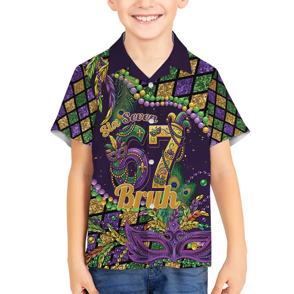 Six Seven Mardi Gras Family Matching Long Sleeve Bodycon Dress and Hawaiian Shirt 67 Carnival Mask Beads - Wonder Print Shop