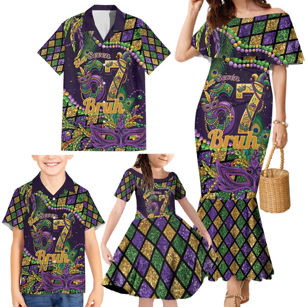 Six Seven Mardi Gras Family Matching Mermaid Dress and Hawaiian Shirt 67 Carnival Mask Beads - Wonder Print Shop