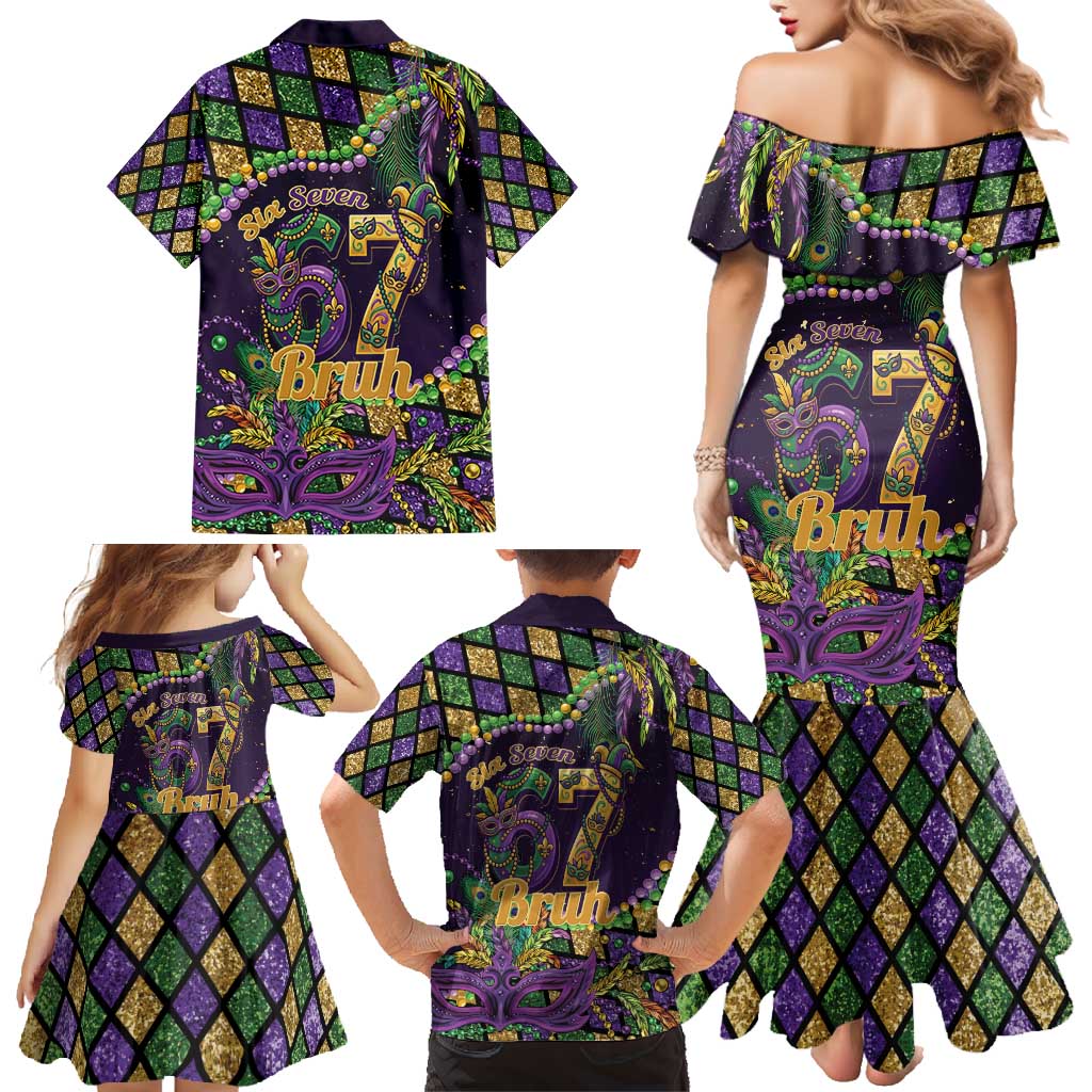 Six Seven Mardi Gras Family Matching Mermaid Dress and Hawaiian Shirt 67 Carnival Mask Beads - Wonder Print Shop