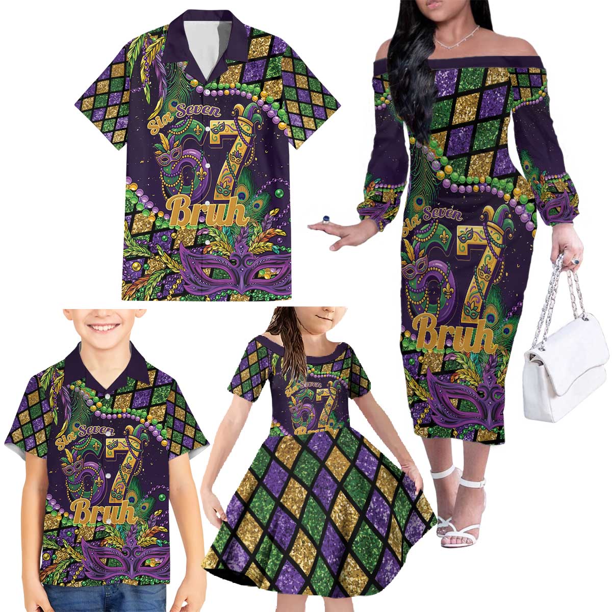 Six Seven Mardi Gras Family Matching Off The Shoulder Long Sleeve Dress and Hawaiian Shirt 67 Carnival Mask Beads - Wonder Print Shop