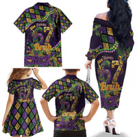 Six Seven Mardi Gras Family Matching Off The Shoulder Long Sleeve Dress and Hawaiian Shirt 67 Carnival Mask Beads - Wonder Print Shop