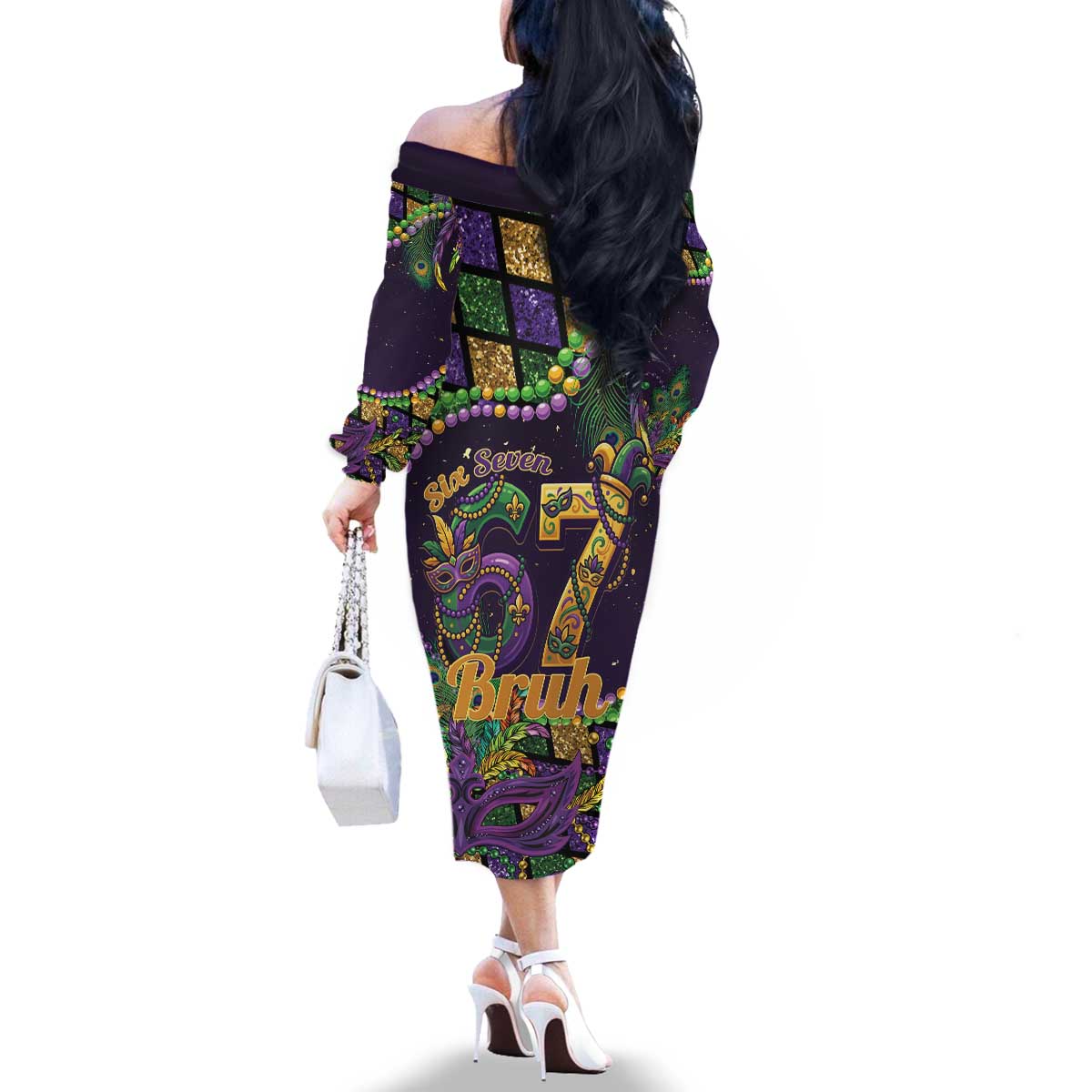 Six Seven Mardi Gras Family Matching Off The Shoulder Long Sleeve Dress and Hawaiian Shirt 67 Carnival Mask Beads - Wonder Print Shop