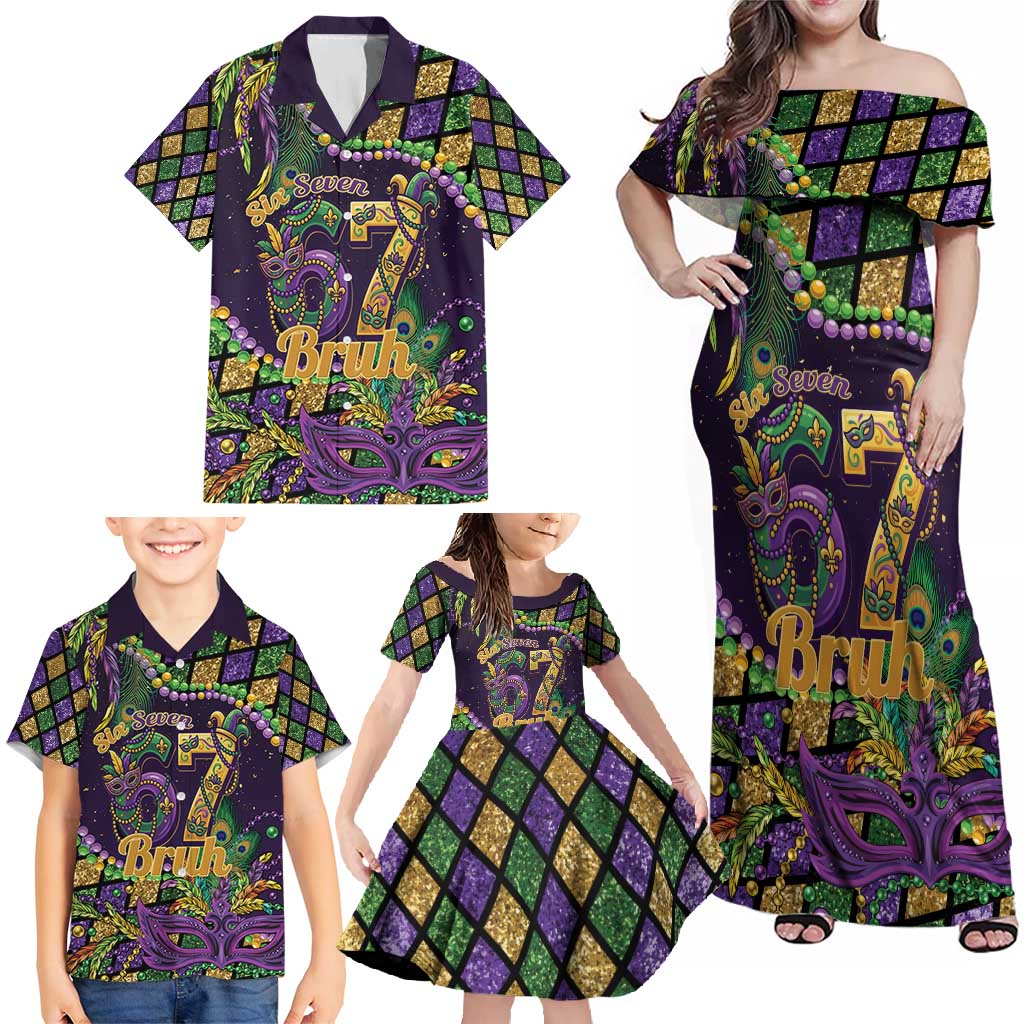 Six Seven Mardi Gras Family Matching Off Shoulder Maxi Dress and Hawaiian Shirt 67 Carnival Mask Beads - Wonder Print Shop