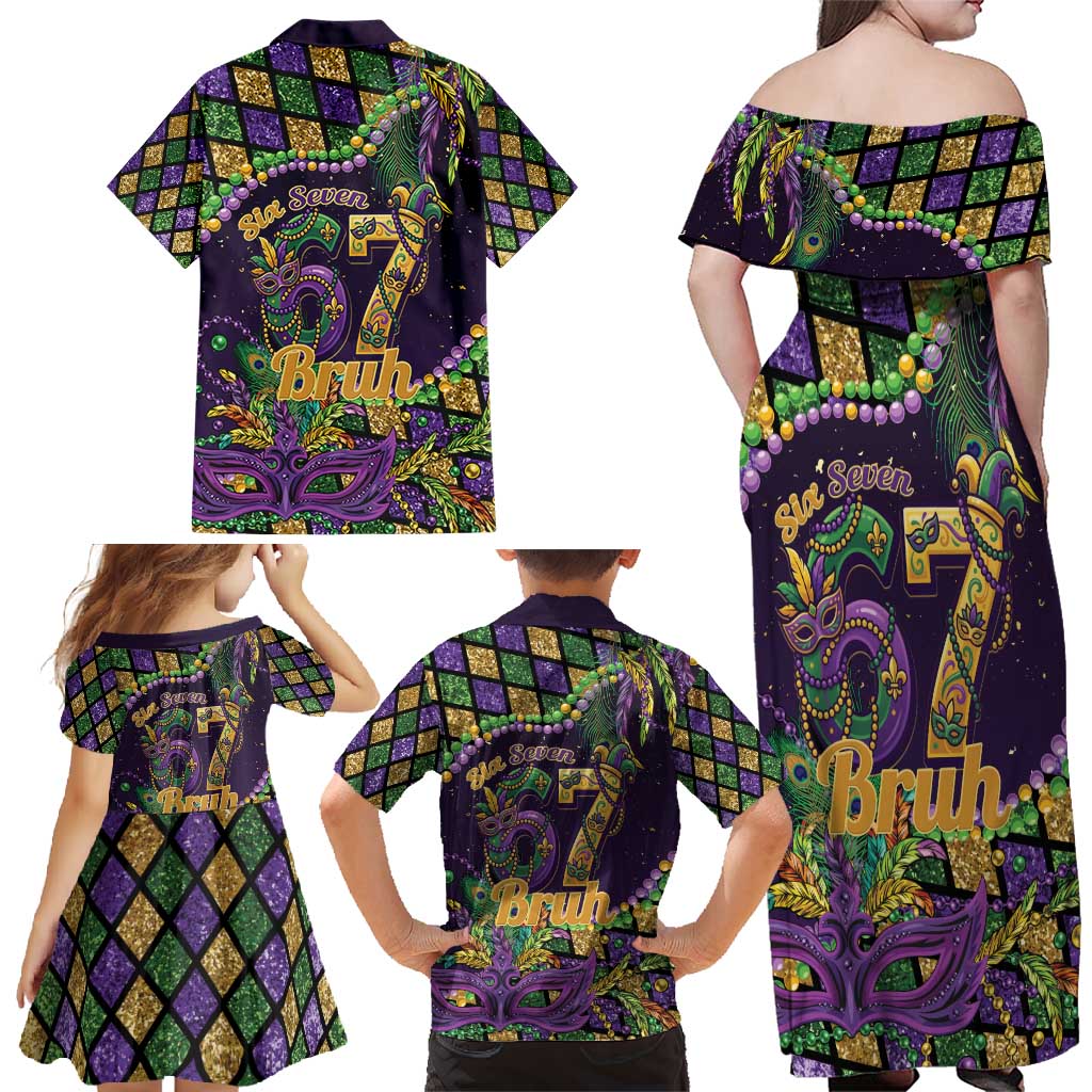 Six Seven Mardi Gras Family Matching Off Shoulder Maxi Dress and Hawaiian Shirt 67 Carnival Mask Beads - Wonder Print Shop