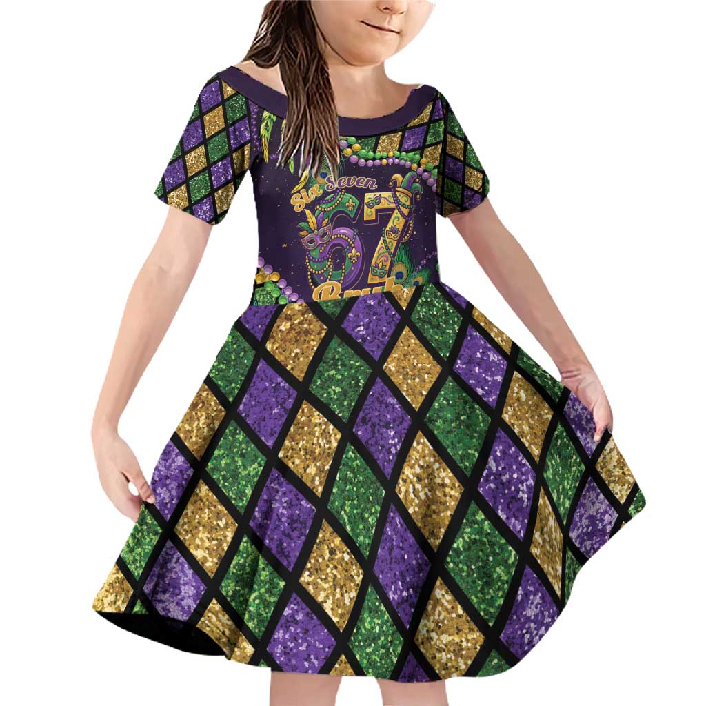 Six Seven Mardi Gras Family Matching Off Shoulder Short Dress and Hawaiian Shirt 67 Carnival Mask Beads - Wonder Print Shop