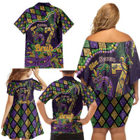 Six Seven Mardi Gras Family Matching Off Shoulder Short Dress and Hawaiian Shirt 67 Carnival Mask Beads - Wonder Print Shop