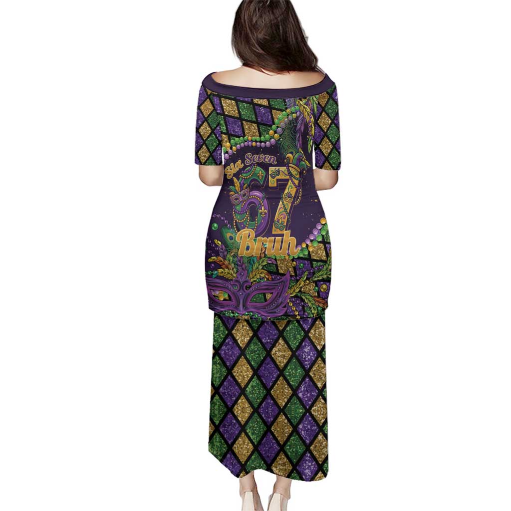 Six Seven Mardi Gras Family Matching Puletasi and Hawaiian Shirt 67 Carnival Mask Beads - Wonder Print Shop
