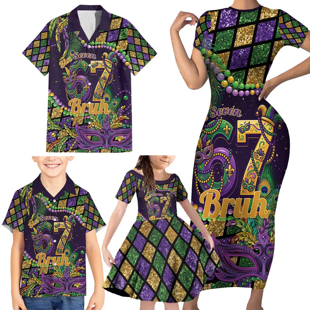 Six Seven Mardi Gras Family Matching Short Sleeve Bodycon Dress and Hawaiian Shirt 67 Carnival Mask Beads - Wonder Print Shop