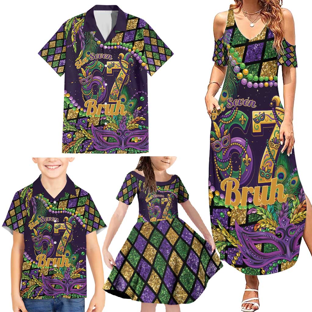 Six Seven Mardi Gras Family Matching Summer Maxi Dress and Hawaiian Shirt 67 Carnival Mask Beads - Wonder Print Shop
