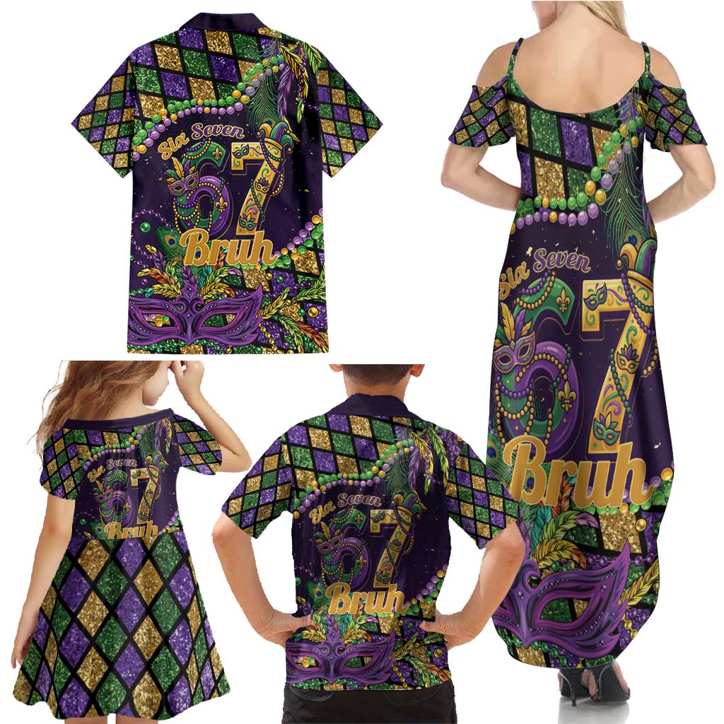Six Seven Mardi Gras Family Matching Summer Maxi Dress and Hawaiian Shirt 67 Carnival Mask Beads - Wonder Print Shop