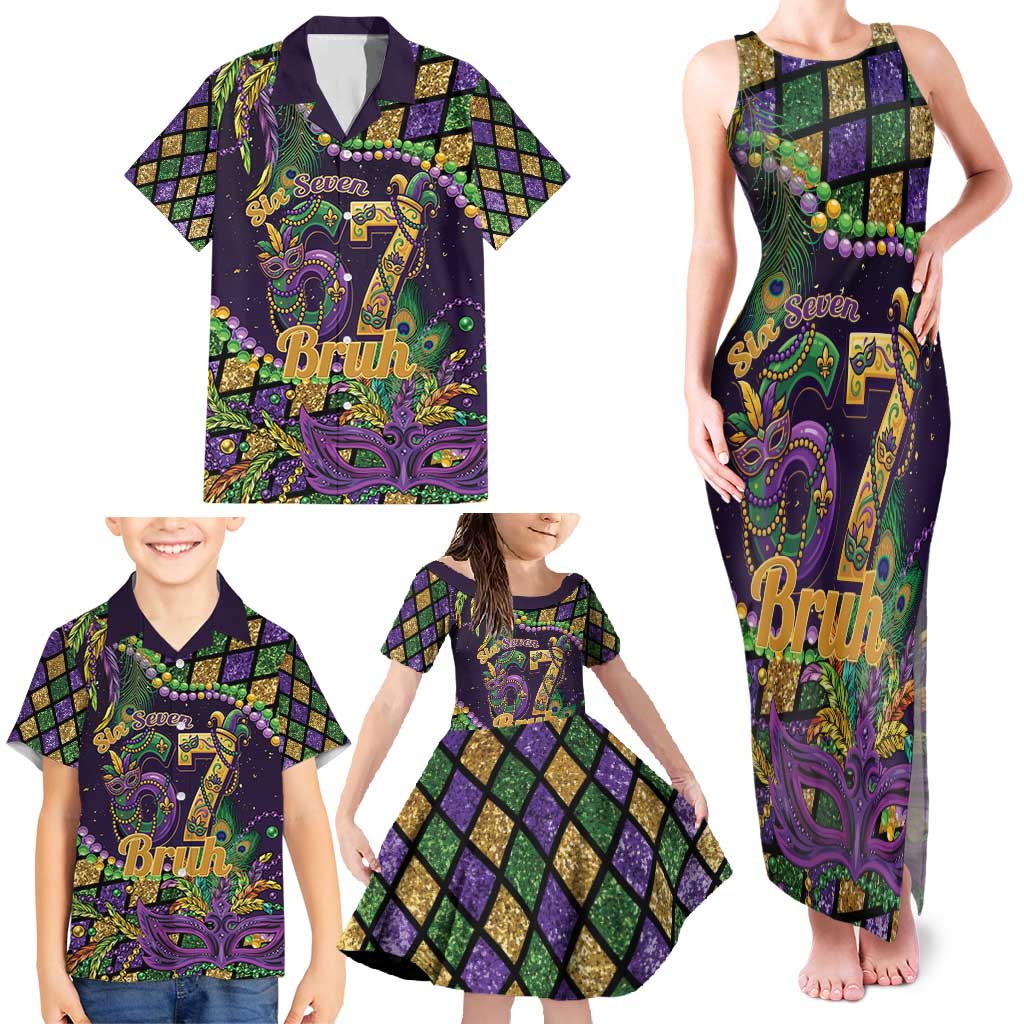 Six Seven Mardi Gras Family Matching Tank Maxi Dress and Hawaiian Shirt 67 Carnival Mask Beads - Wonder Print Shop