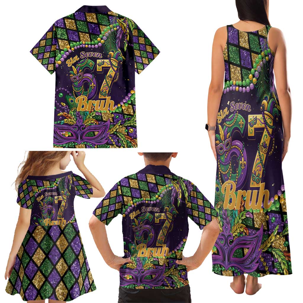 Six Seven Mardi Gras Family Matching Tank Maxi Dress and Hawaiian Shirt 67 Carnival Mask Beads - Wonder Print Shop