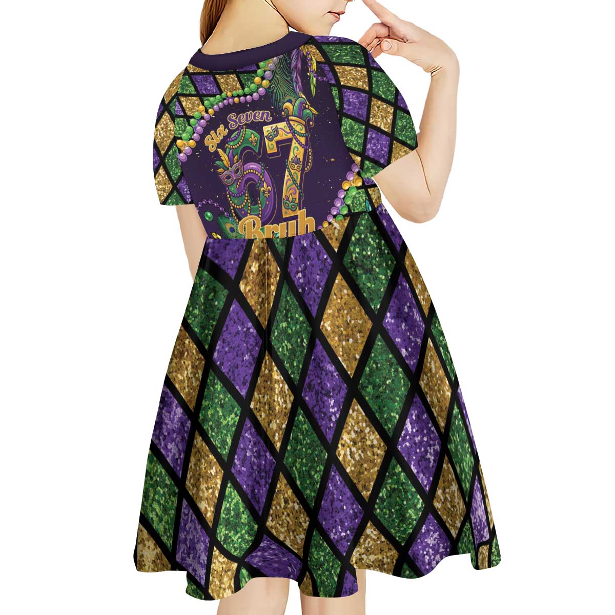 Six Seven Mardi Gras Kid Short Sleeve Dress 67 Carnival Mask Beads - Wonder Print Shop