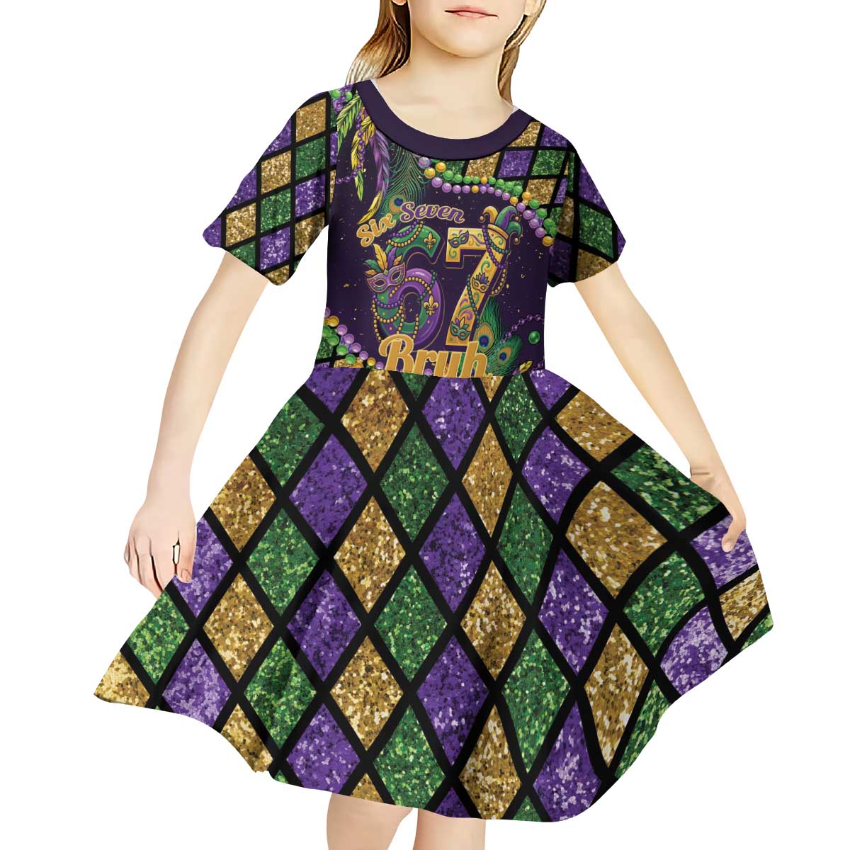 Six Seven Mardi Gras Kid Short Sleeve Dress 67 Carnival Mask Beads - Wonder Print Shop