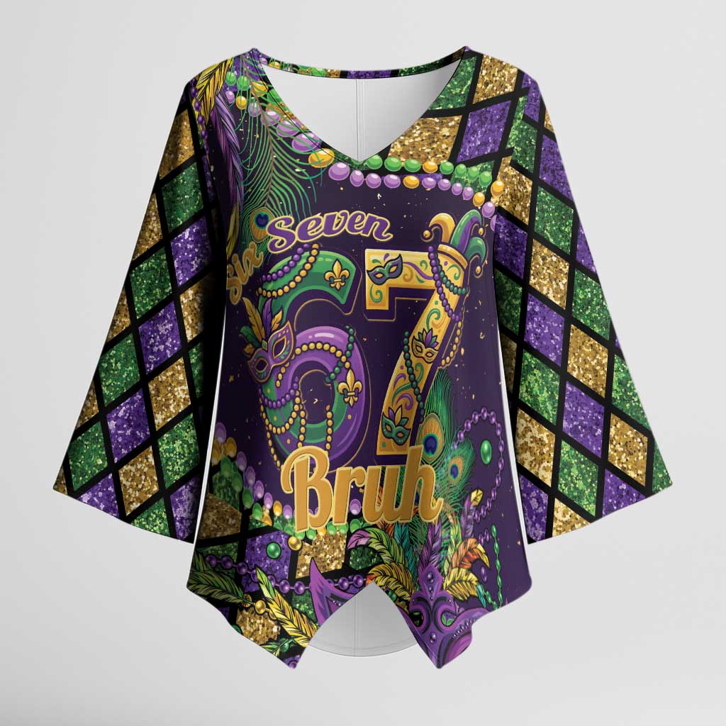 Six Seven Mardi Gras Kimono Sleeve Blouse 67 Carnival Mask Beads - Wonder Print Shop