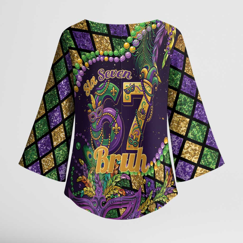 Six Seven Mardi Gras Kimono Sleeve Blouse 67 Carnival Mask Beads - Wonder Print Shop