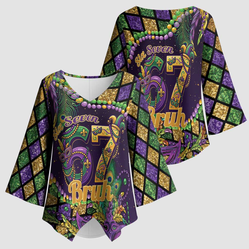 Six Seven Mardi Gras Kimono Sleeve Blouse 67 Carnival Mask Beads - Wonder Print Shop