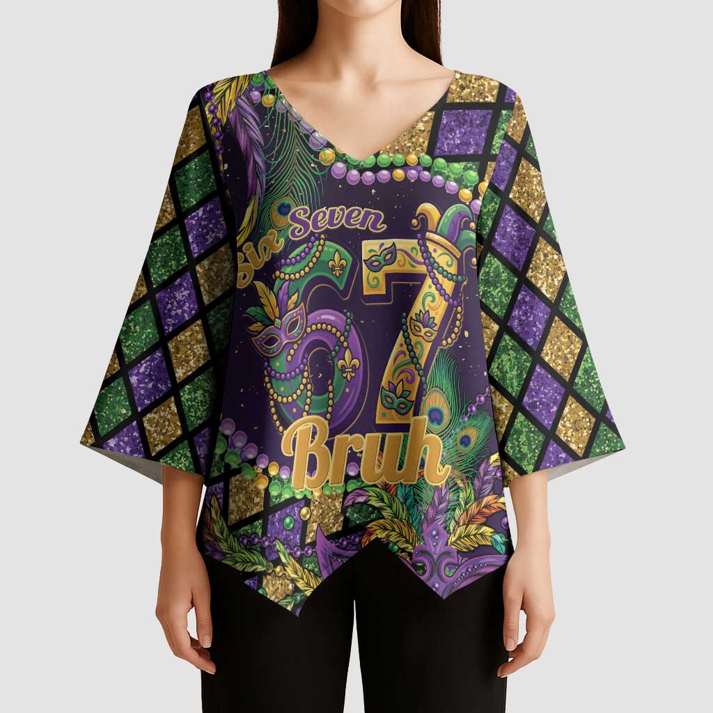 Six Seven Mardi Gras Kimono Sleeve Blouse 67 Carnival Mask Beads - Wonder Print Shop