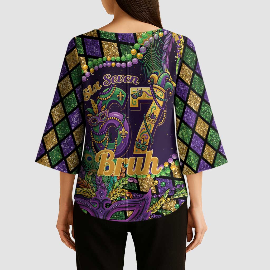 Six Seven Mardi Gras Kimono Sleeve Blouse 67 Carnival Mask Beads - Wonder Print Shop