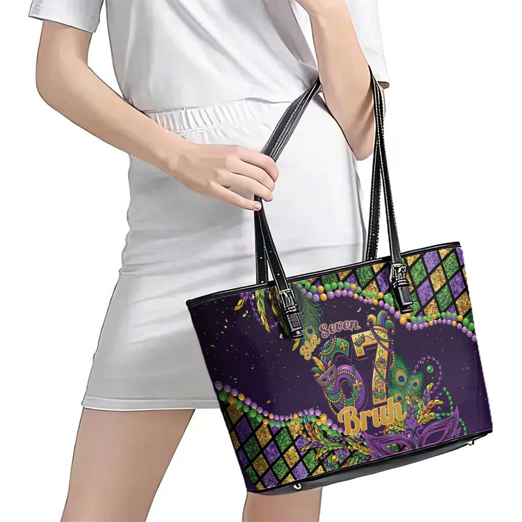 Six Seven Mardi Gras Leather Tote Bag 67 Carnival Mask Beads - Wonder Print Shop
