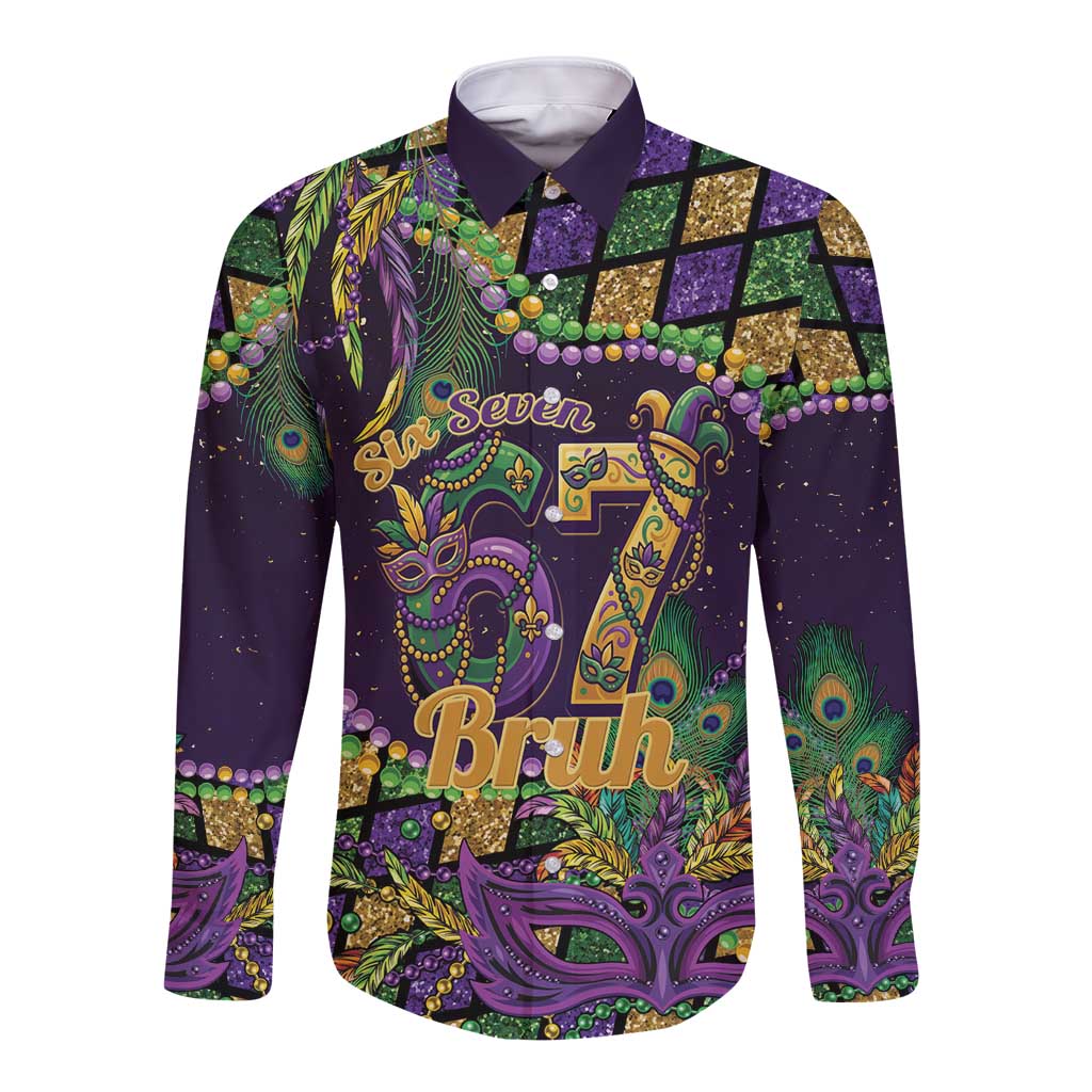 Six Seven Mardi Gras Long Sleeve Button Shirt 67 Carnival Mask Beads - Wonder Print Shop