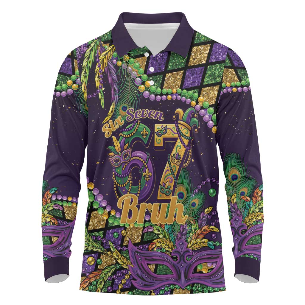Six Seven Mardi Gras Long Sleeve Polo Shirt 67 Carnival Mask Beads - Wonder Print Shop