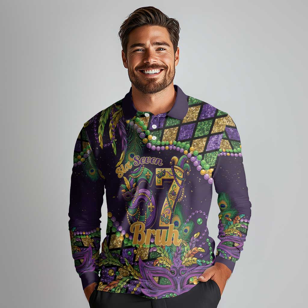 Six Seven Mardi Gras Long Sleeve Polo Shirt 67 Carnival Mask Beads - Wonder Print Shop