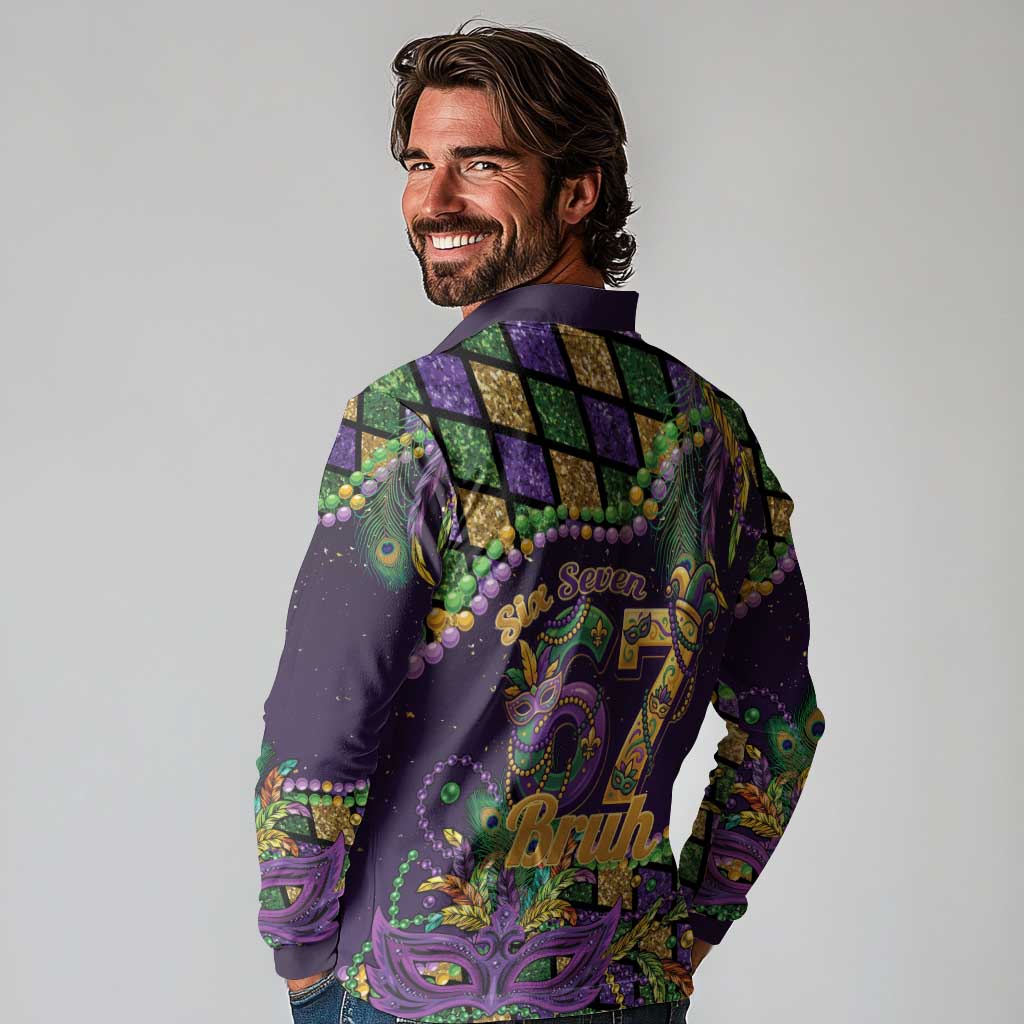 Six Seven Mardi Gras Long Sleeve Polo Shirt 67 Carnival Mask Beads - Wonder Print Shop