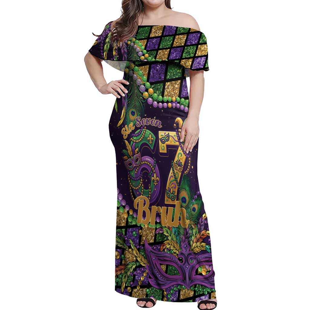 Six Seven Mardi Gras Off Shoulder Maxi Dress 67 Carnival Mask Beads - Wonder Print Shop