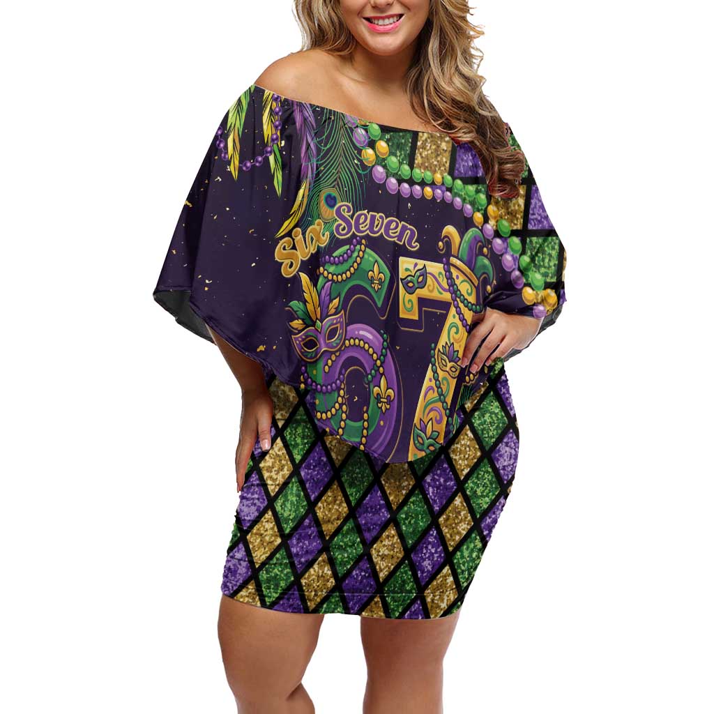 Six Seven Mardi Gras Off Shoulder Short Dress 67 Carnival Mask Beads - Wonder Print Shop