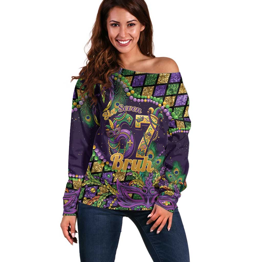 Six Seven Mardi Gras Off Shoulder Sweater 67 Carnival Mask Beads - Wonder Print Shop