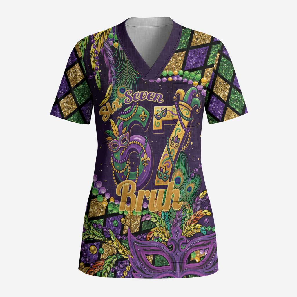 Six Seven Mardi Gras Scrub Top 67 Carnival Mask Beads - Wonder Print Shop