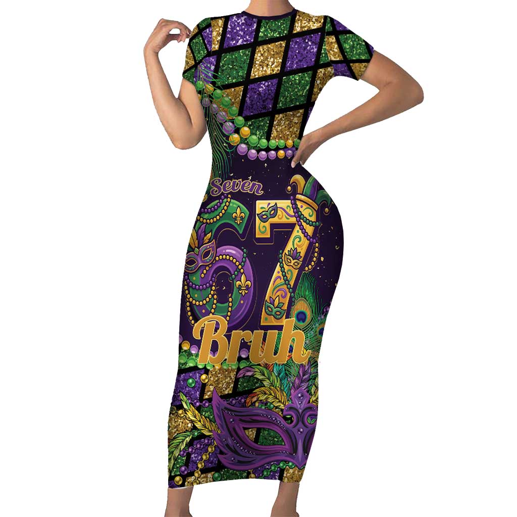 Six Seven Mardi Gras Short Sleeve Bodycon Dress 67 Carnival Mask Beads - Wonder Print Shop
