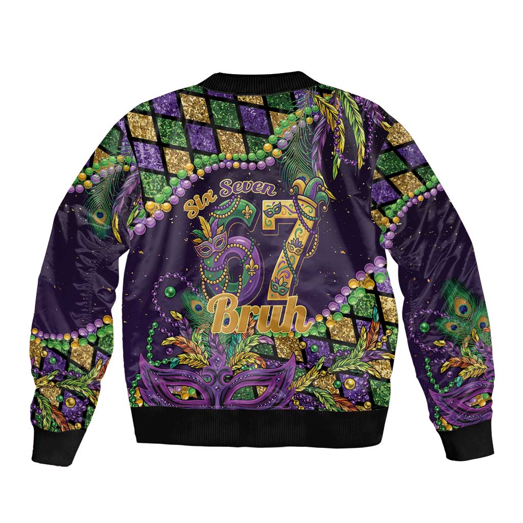 Six Seven Mardi Gras Sleeve Zip Bomber Jacket 67 Carnival Mask Beads - Wonder Print Shop