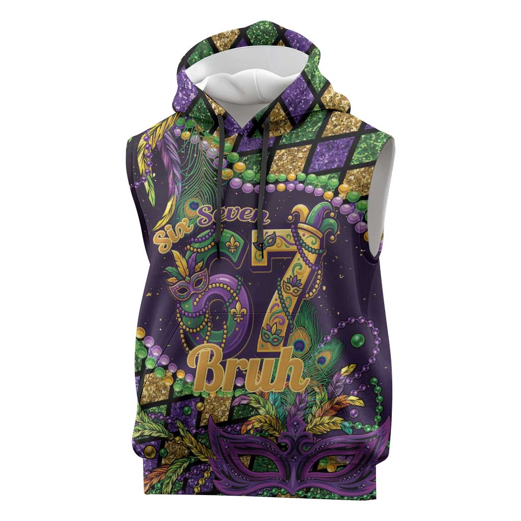 Six Seven Mardi Gras Sleeveless Hoodie 67 Carnival Mask Beads - Wonder Print Shop