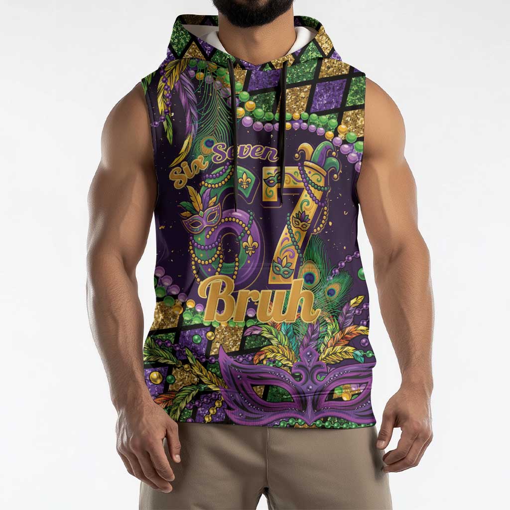 Six Seven Mardi Gras Sleeveless Hoodie 67 Carnival Mask Beads - Wonder Print Shop