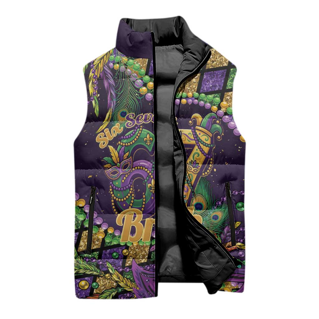 Six Seven Mardi Gras Sleeveless Puffer Jacket 67 Carnival Mask Beads - Wonder Print Shop