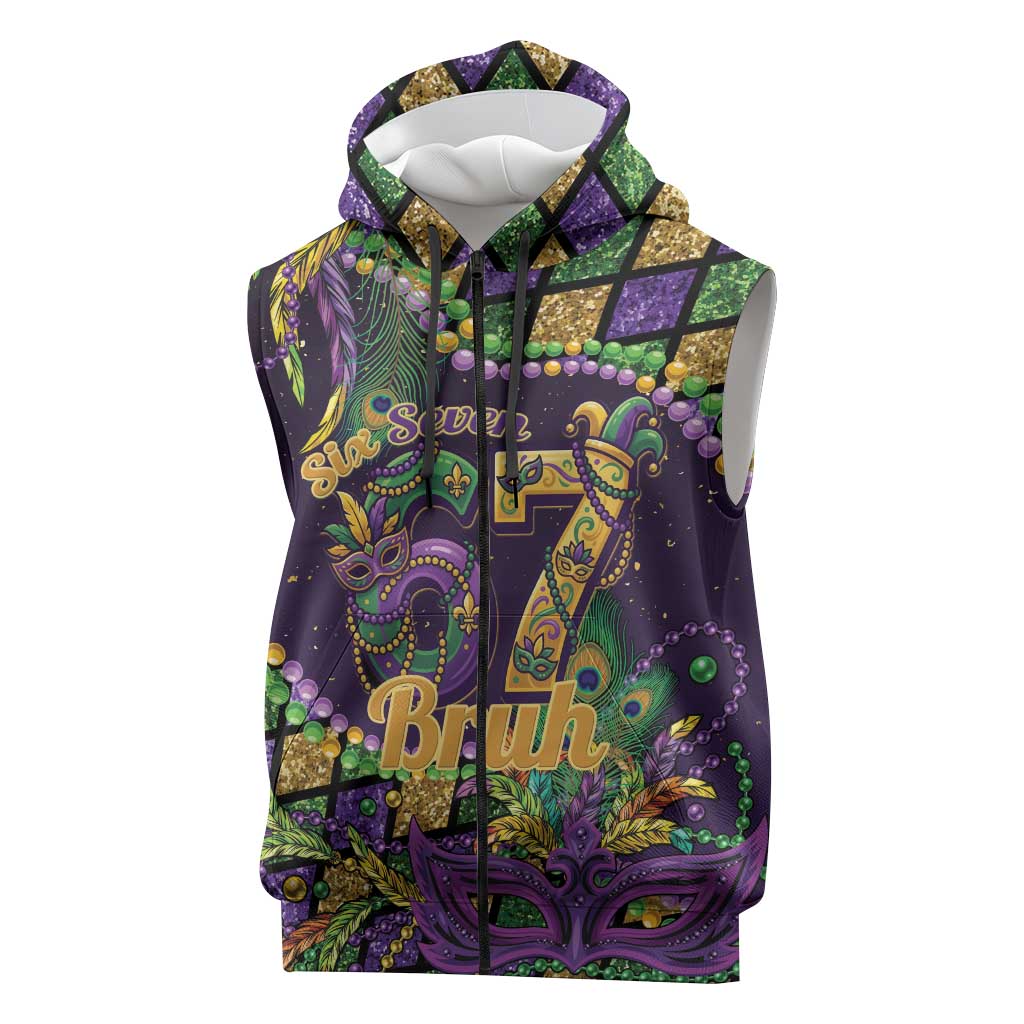 Six Seven Mardi Gras Sleeveless Zip Hoodie 67 Carnival Mask Beads - Wonder Print Shop
