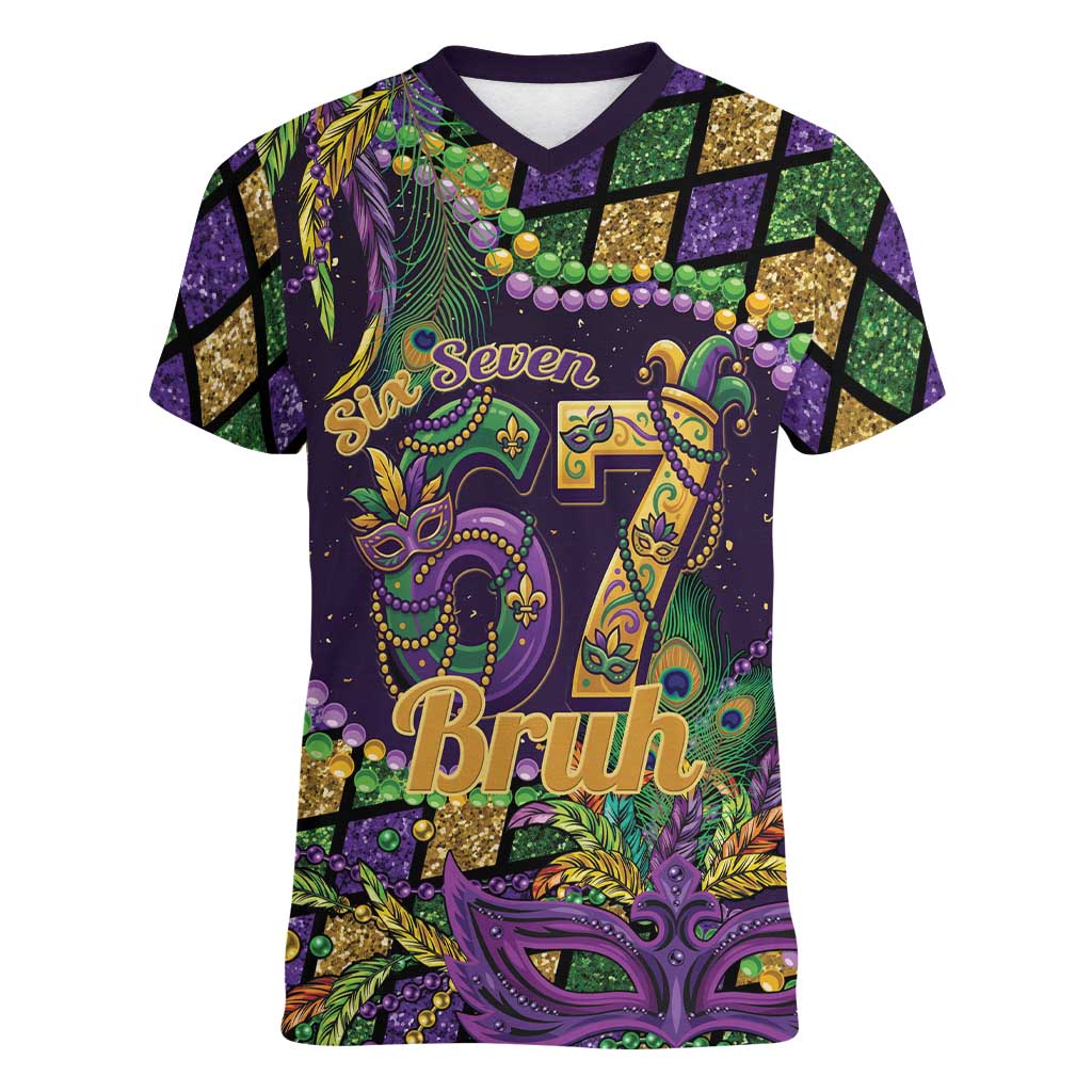 Six Seven Mardi Gras Women V-Neck T-Shirt 67 Carnival Mask Beads - Wonder Print Shop