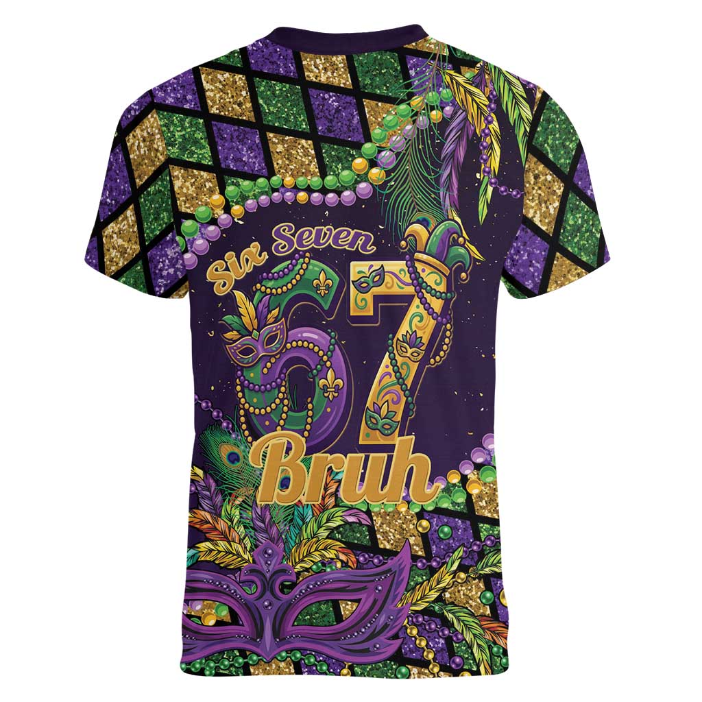 Six Seven Mardi Gras Women V-Neck T-Shirt 67 Carnival Mask Beads - Wonder Print Shop
