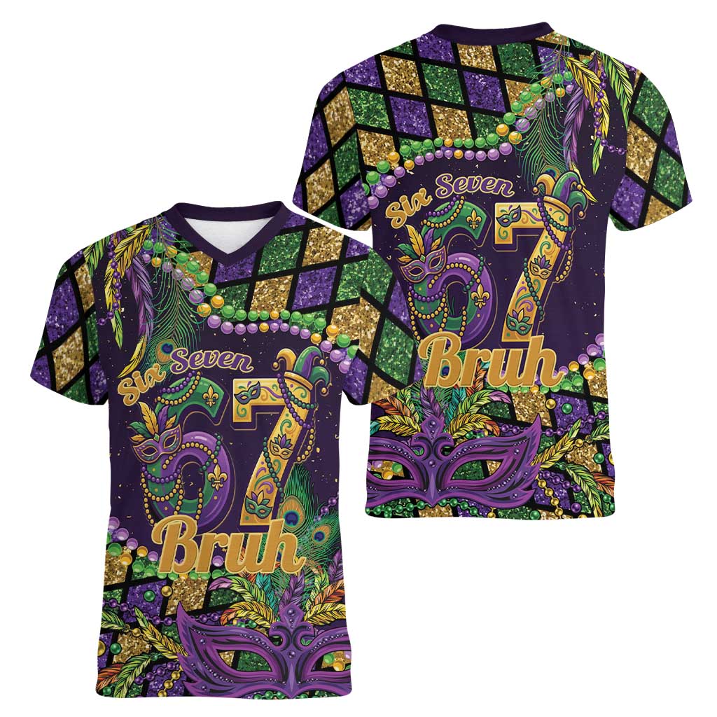 Six Seven Mardi Gras Women V-Neck T-Shirt 67 Carnival Mask Beads - Wonder Print Shop